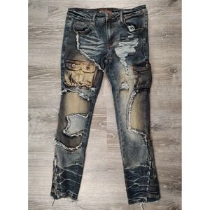 Copper Rivet Patchwork Moto Jeans Men's 29 x 30 Distressed Straight Raw Hem Rust